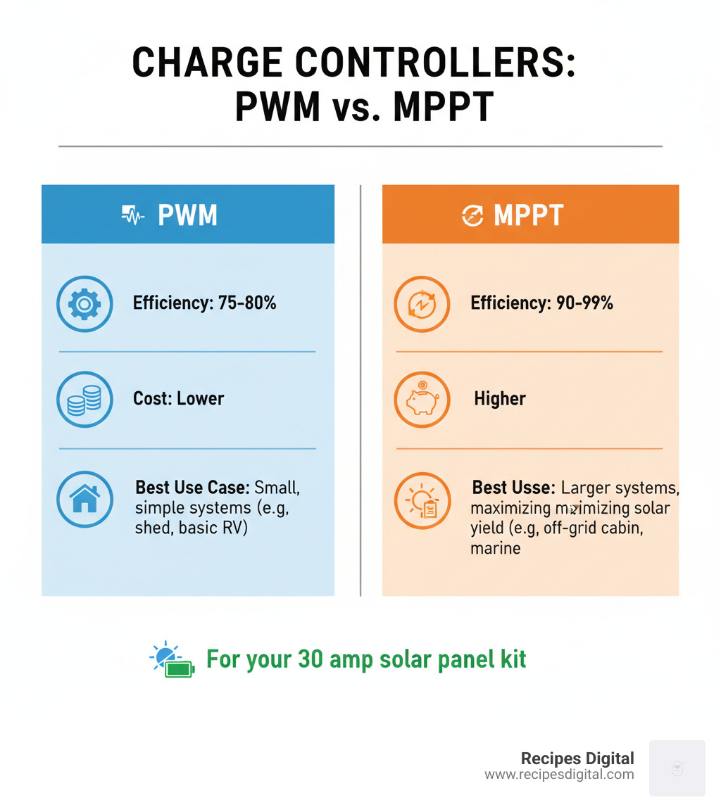 Table comparing PWM and MPPT charge controllers: Efficiency, Cost, and Best Use Case - 30 amp solar panel kit infographic 
