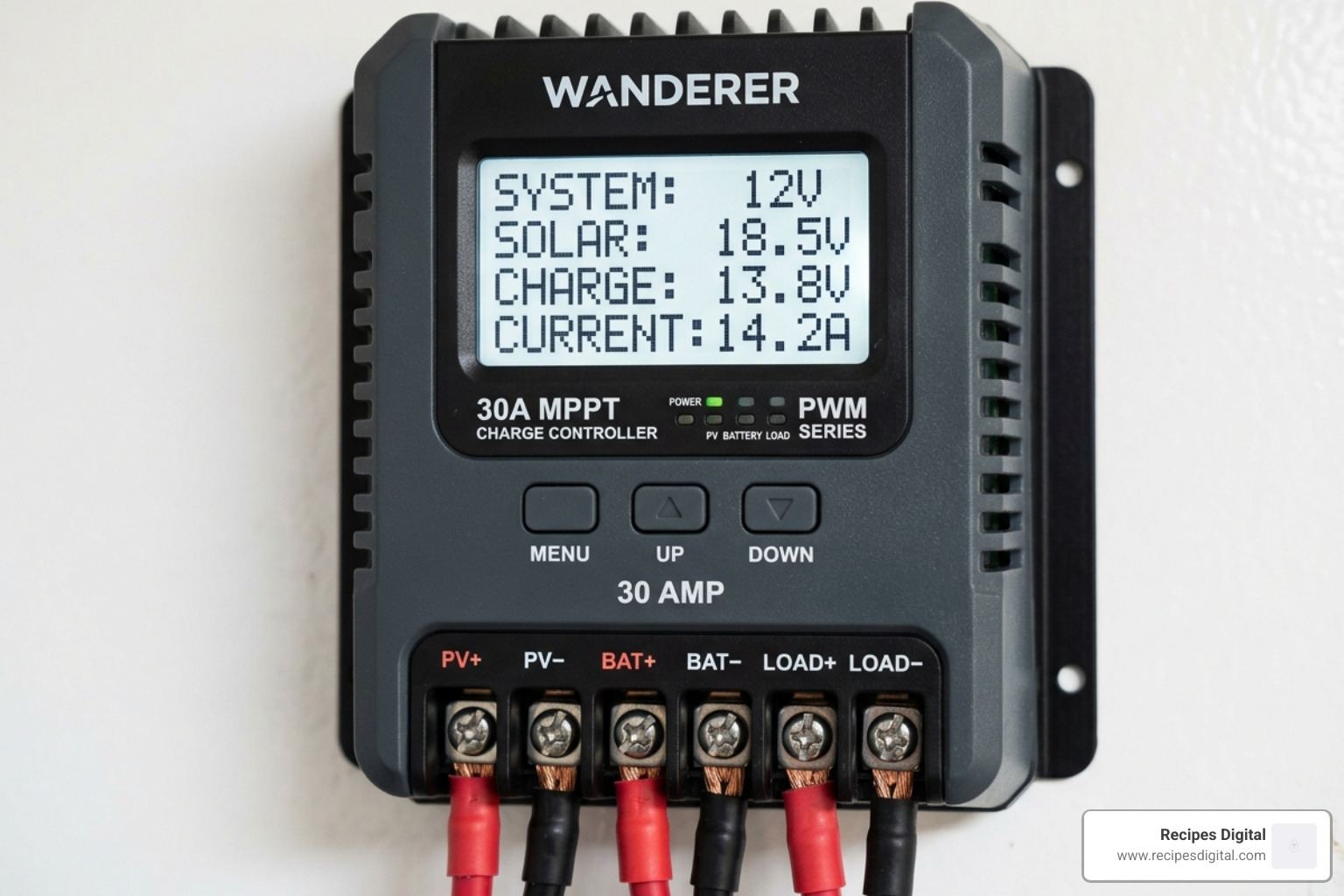 30 amp charge controller with LCD display showing voltage and amperage - 30 amp solar panel kit