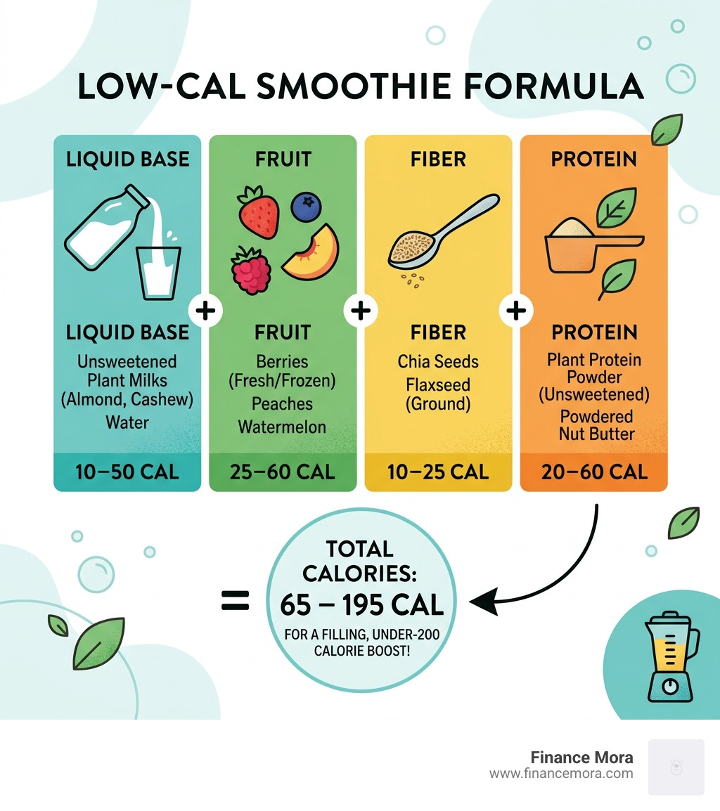 Low-cal smoothie formula showing Base + Fruit + Fiber + Protein with calorie ranges for each component - low calorie