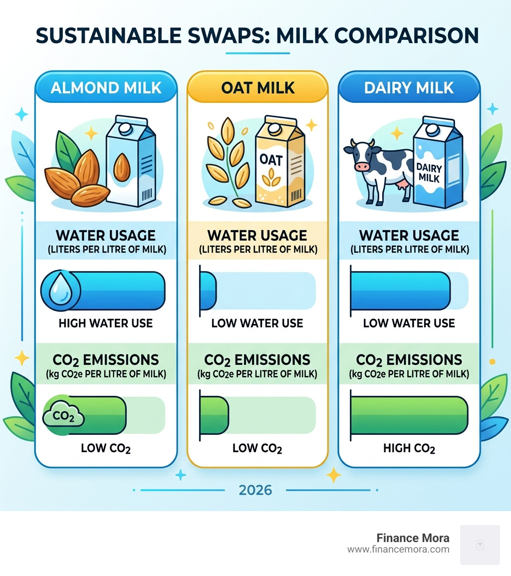Comparison of water usage and CO2 emissions: Almond vs Oat vs Dairy milk - eco friendly smoothie ingredients infographic Comparison of water usage and CO2 emissions: Almond vs Oat vs Dairy milk - eco friendly smoothie ingredients infographic
