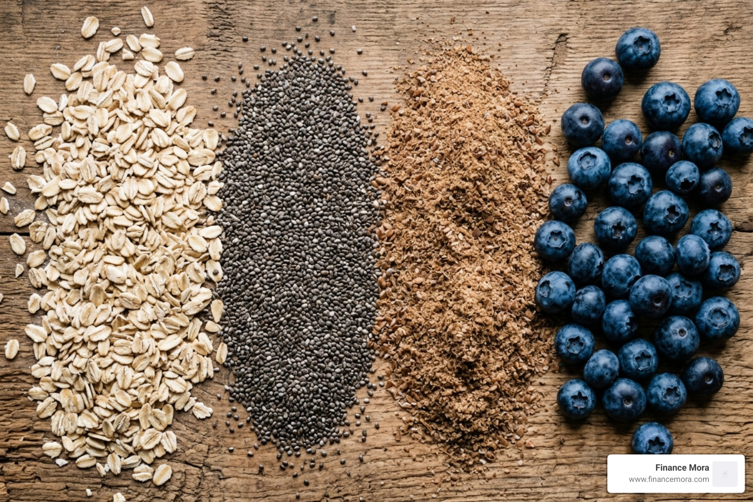 Raw ingredients including rolled oats, chia seeds, flaxseeds, and fresh blueberries spread on a wooden table - best Raw ingredients including rolled oats, chia seeds, flaxseeds, and fresh blueberries spread on a wooden table - best