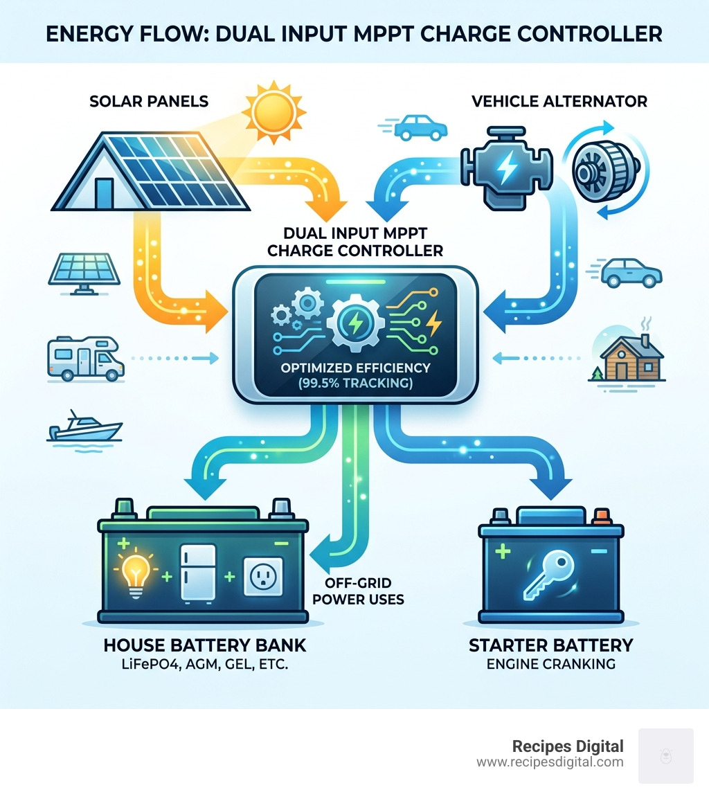 Energy flow diagram from solar panels and alternator through dual input MPPT controller to house and starter batteries