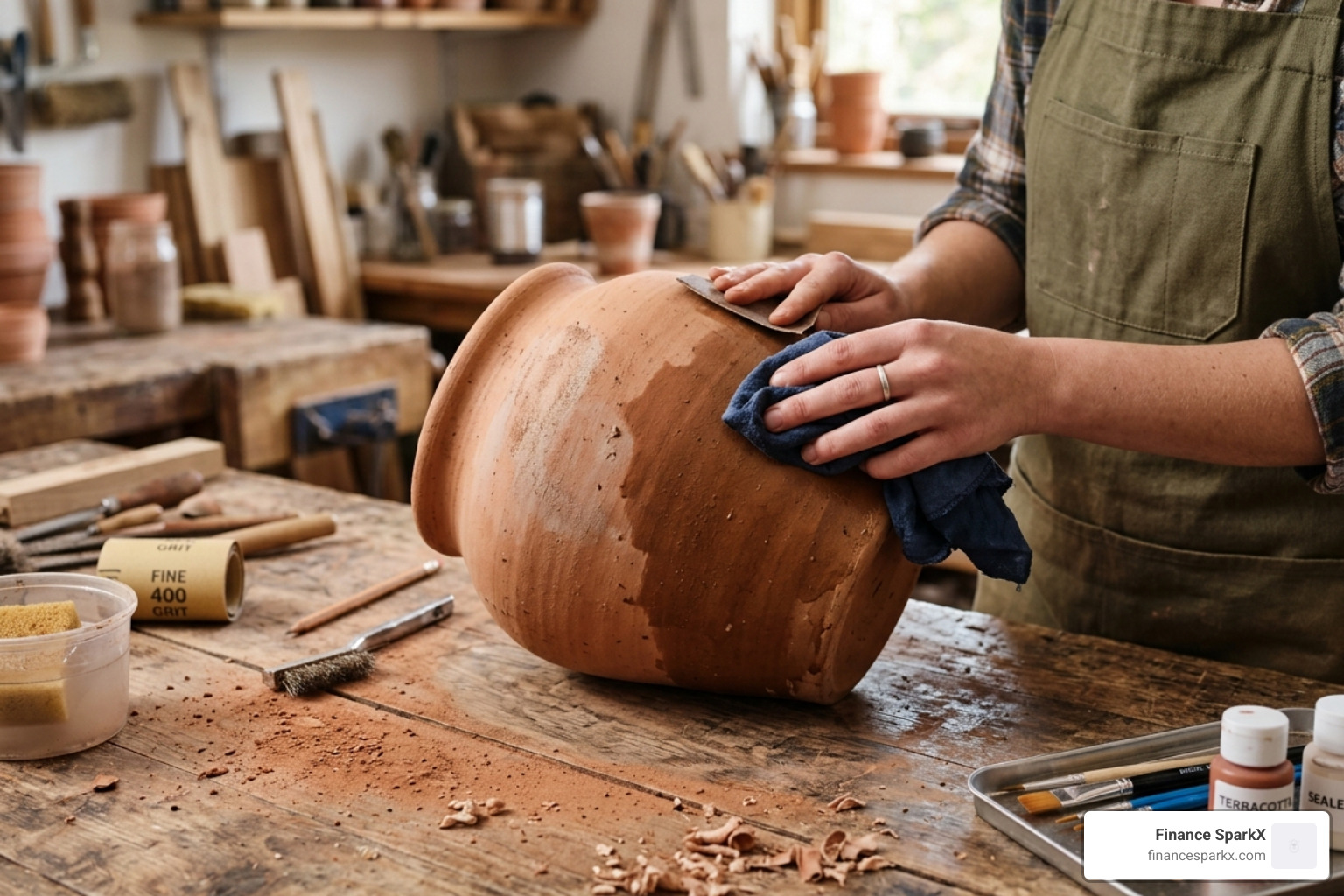 cleaning and sanding a terracotta pot before painting - Painted terracotta pot designs
