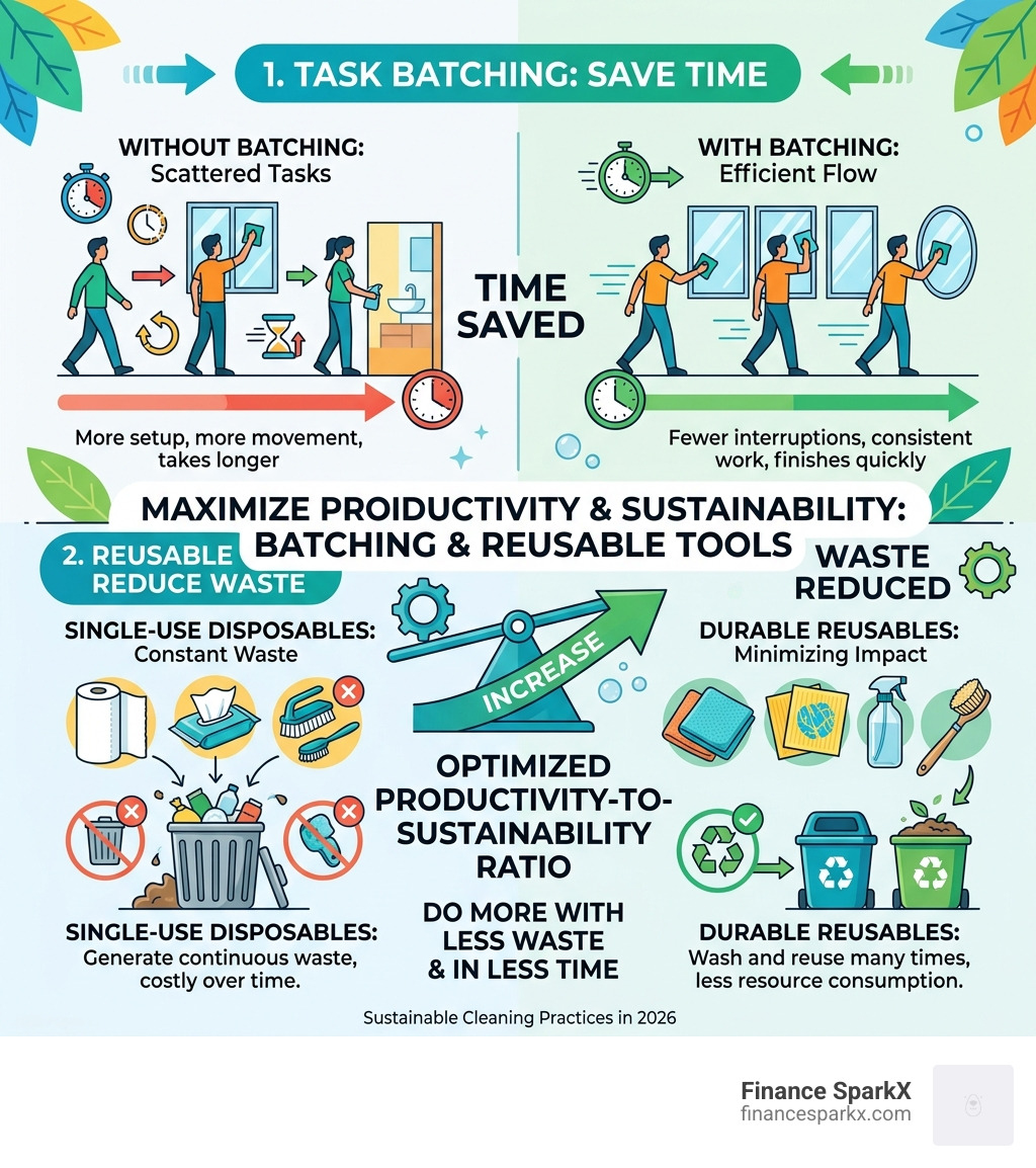 Infographic showing the productivity-to-sustainability ratio: how batching and reusable tools save time and waste