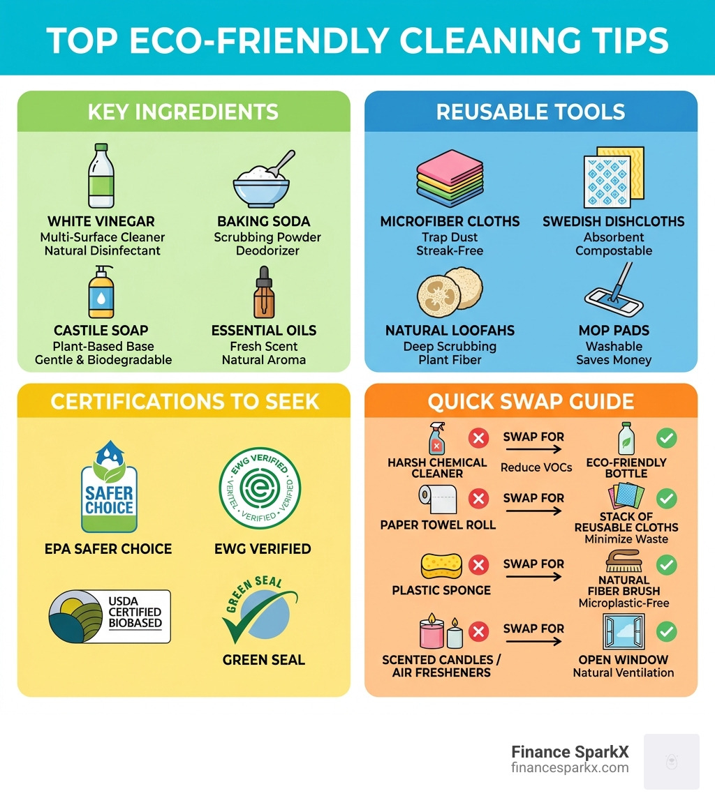 Infographic showing top eco-friendly cleaning tips: key ingredients, reusable tools, certifications, and quick swap guide