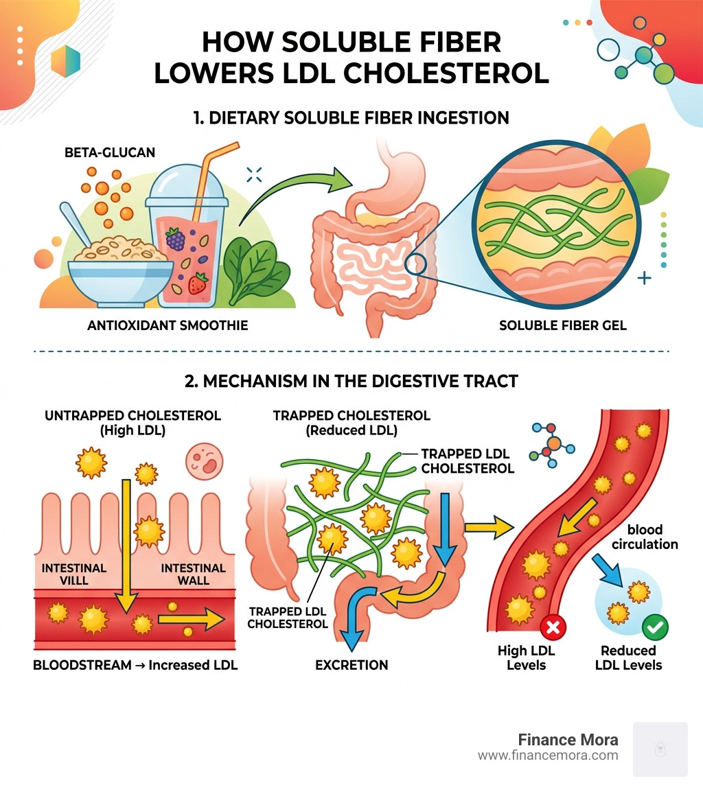 Infographic showing how soluble fiber traps cholesterol in the digestive system and reduces LDL levels - antioxidant