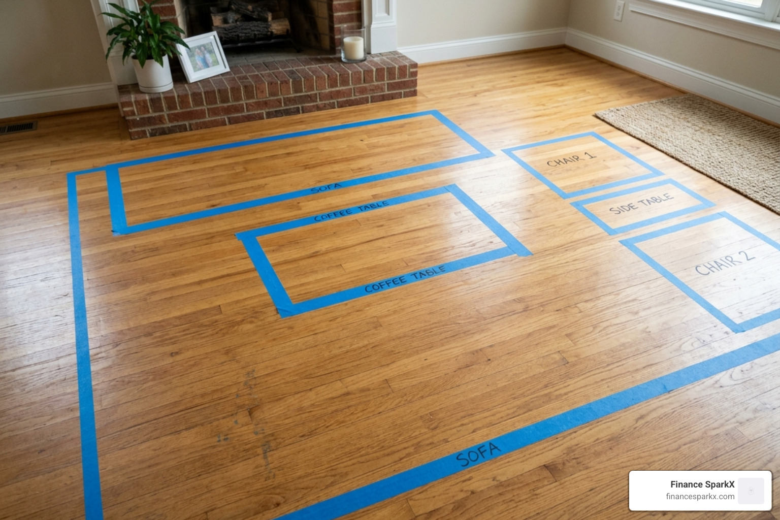 floor plan layout visualized with blue painter's tape on a hardwood floor - best interior design tips