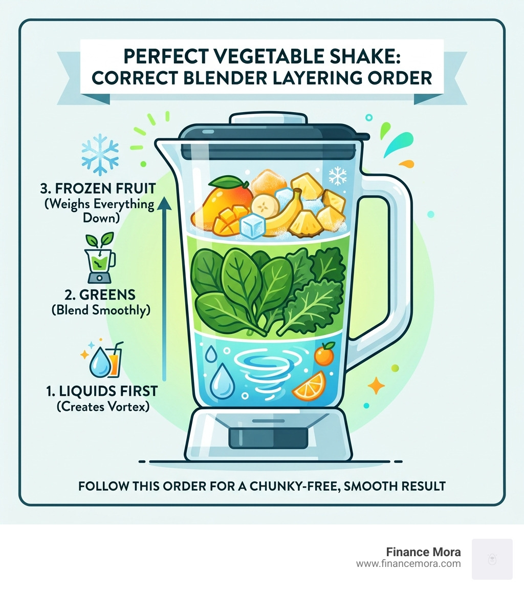 infographic showing the correct layering order for a blender: liquids at the bottom, then greens, then frozen fruit on top