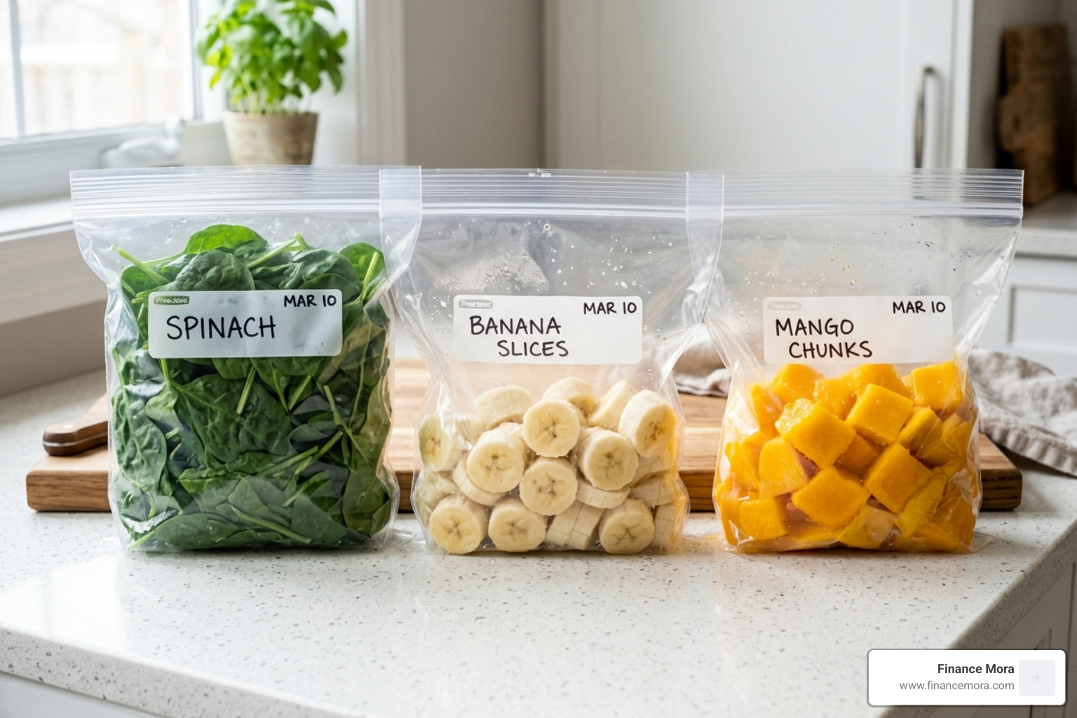 pre-portioned freezer bags filled with spinach, sliced bananas, and mango chunks - best vegetable shakes