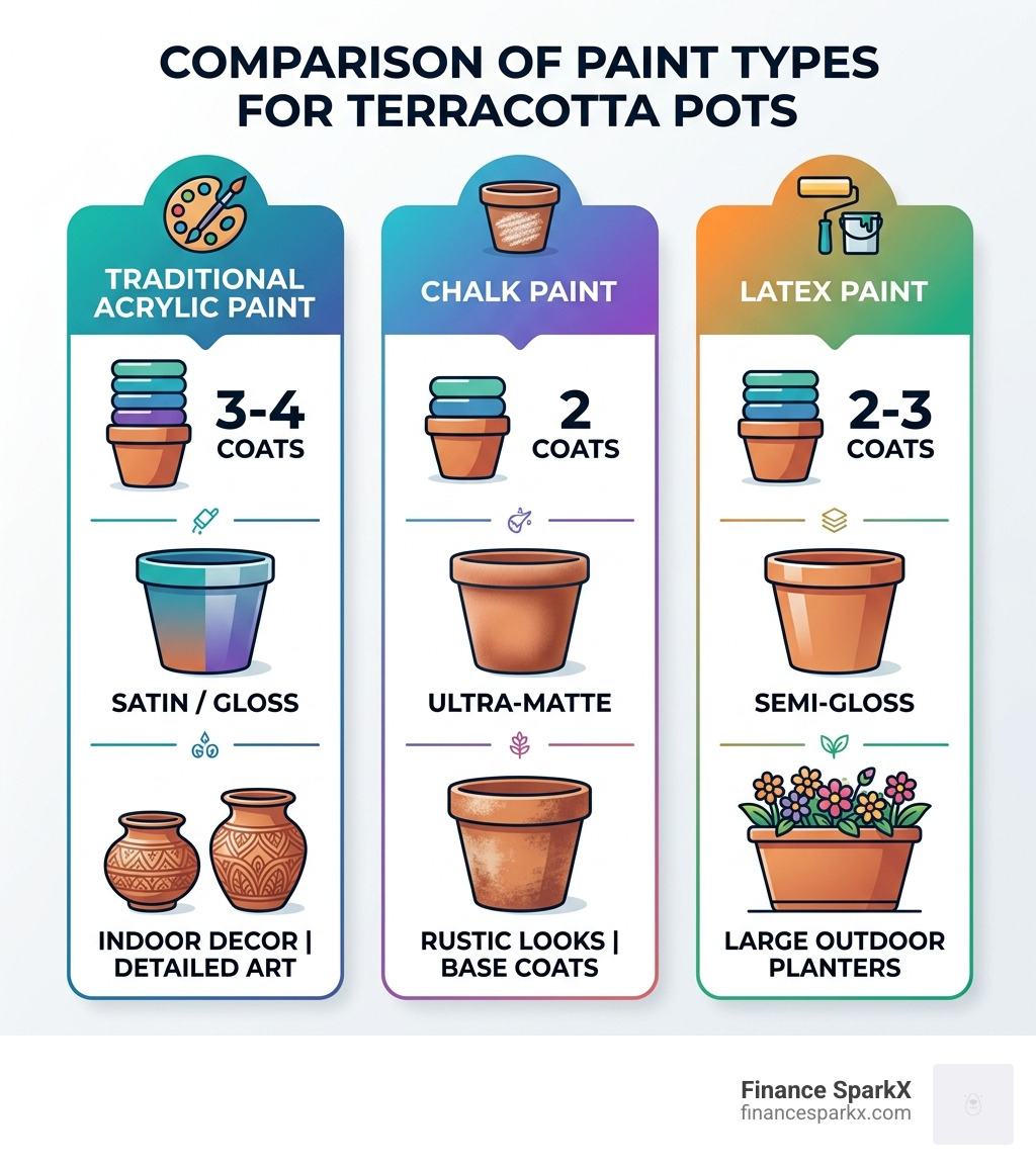 comparison of paint types for terracotta pots - Painted terracotta pot designs infographic 