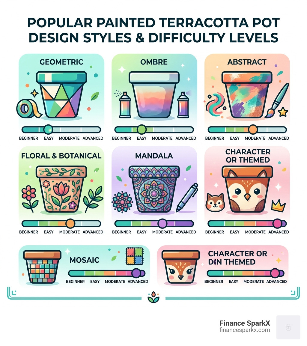 infographic showing popular painted terracotta pot design styles and their difficulty levels - Painted terracotta pot