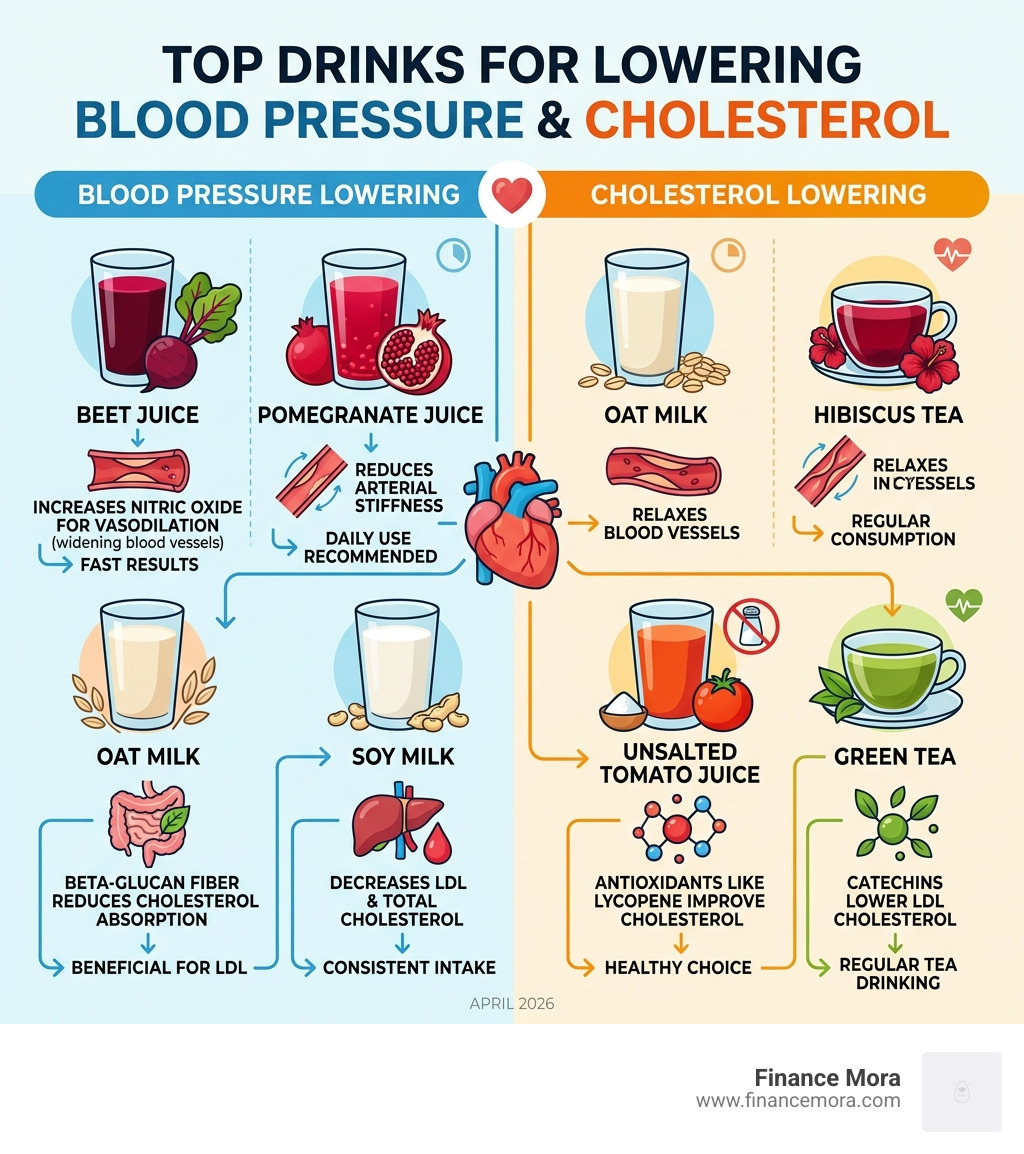 Infographic showing top blood pressure low cholesterol drinks and their heart health mechanisms - blood pressure low Infographic showing top blood pressure low cholesterol drinks and their heart health mechanisms - blood pressure low