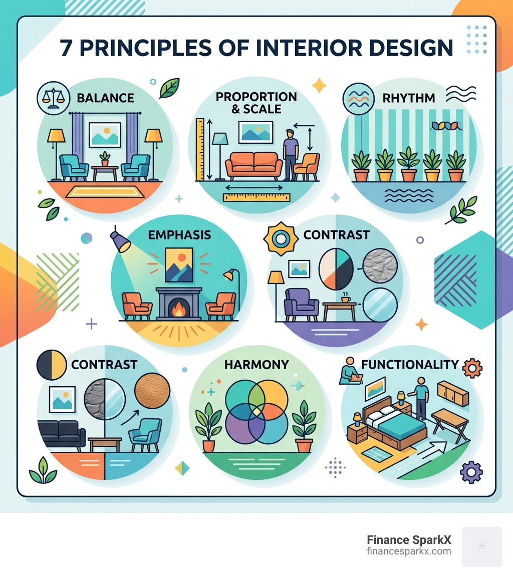 7 principles of interior design: balance, proportion, rhythm, emphasis, contrast, harmony, functionality - best interior