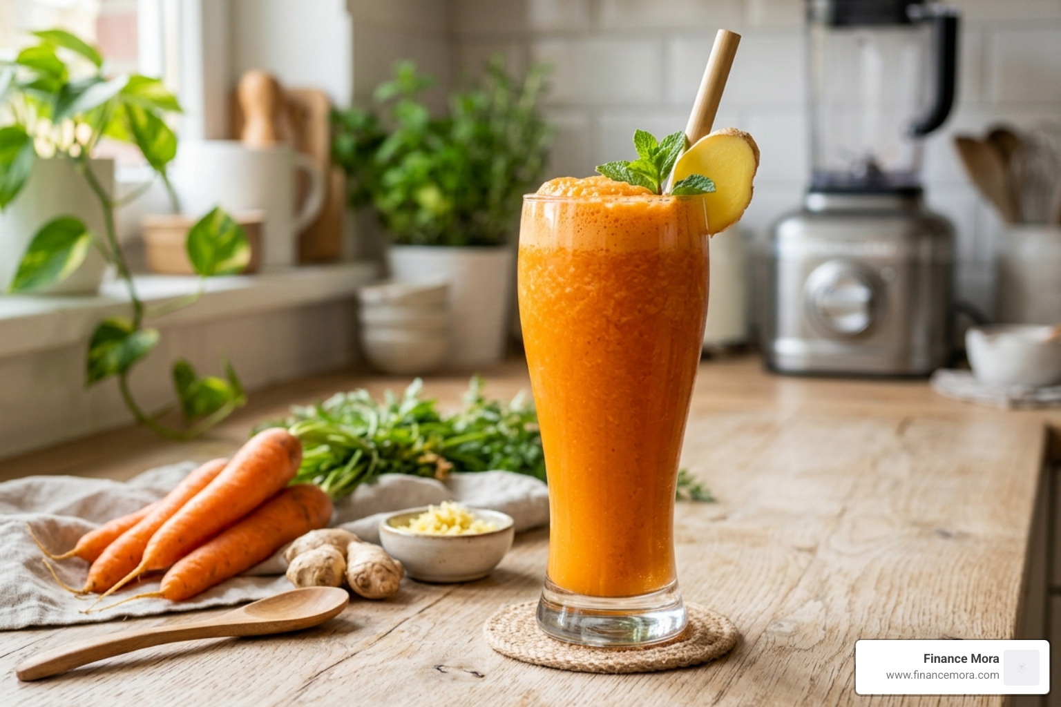 bright orange carrot and ginger smoothie in a tall glass - best vegetable shakes