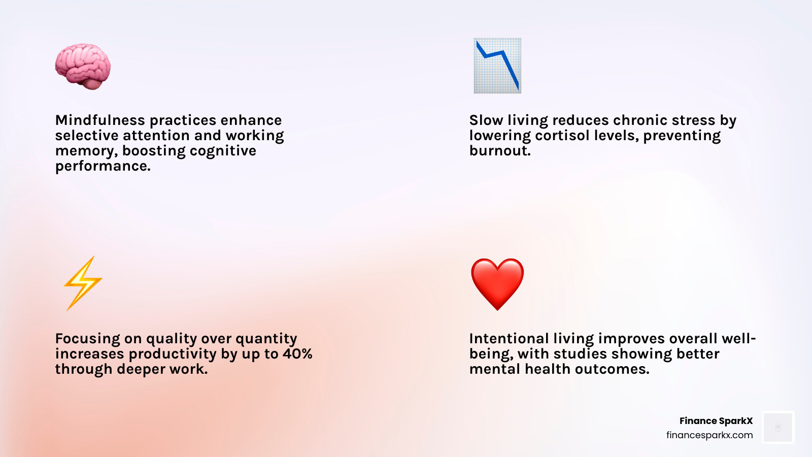 Statistics showing the benefits of slow living on stress and focus - Embrace slow living infographic