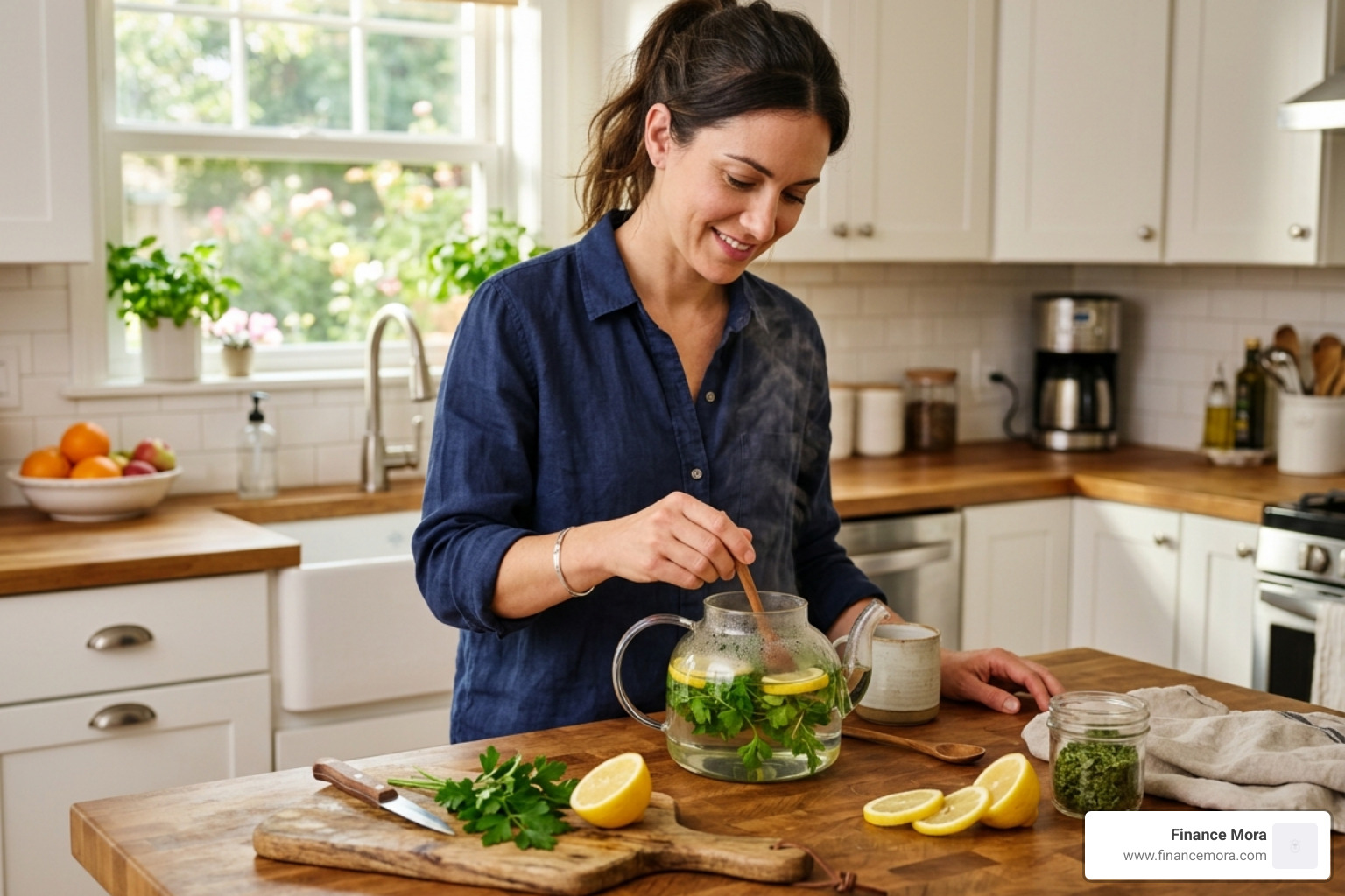 A person preparing a fresh herbal tea infusion with parsley and lemon - parsley herb cholesterol blend