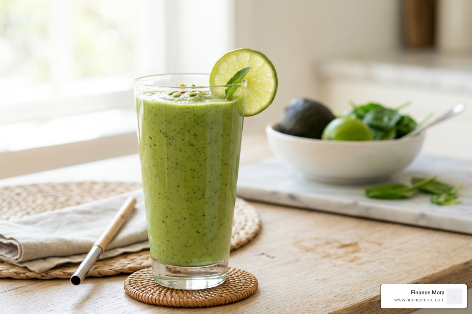 A vibrant green avocado smoothie in a glass with a lime wedge - cholesterol reducing smoothie recipes A vibrant green avocado smoothie in a glass with a lime wedge - cholesterol reducing smoothie recipes