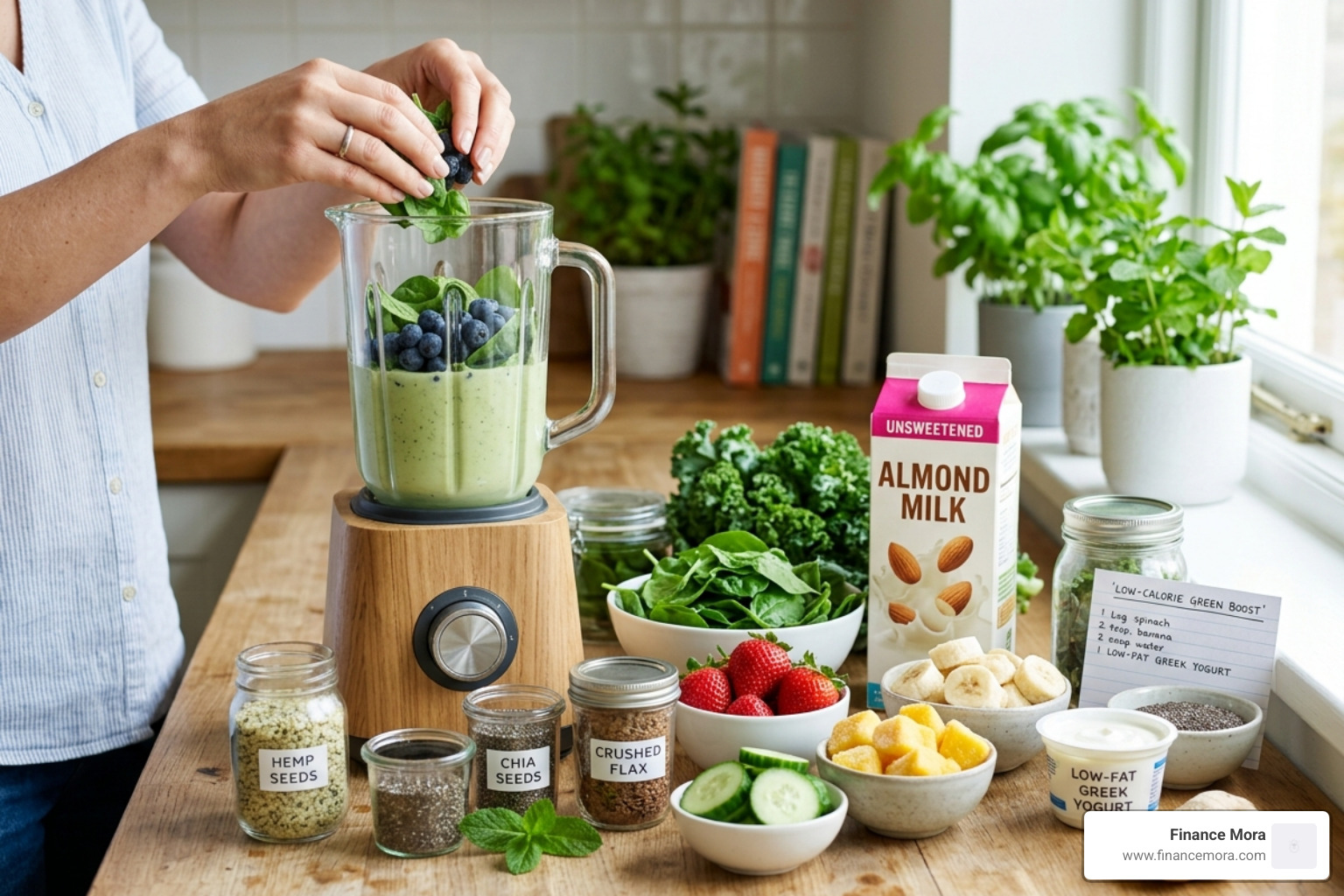 various unsweetened plant-based milks in glass bottles - low calorie smoothie ingredients