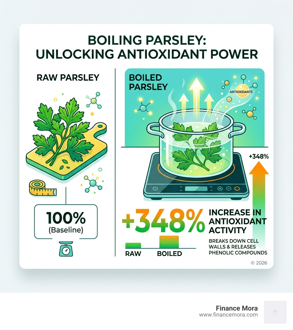 Infographic showing that boiling parsley increases antioxidant activity by 348% - parsley herb cholesterol blend infographic 