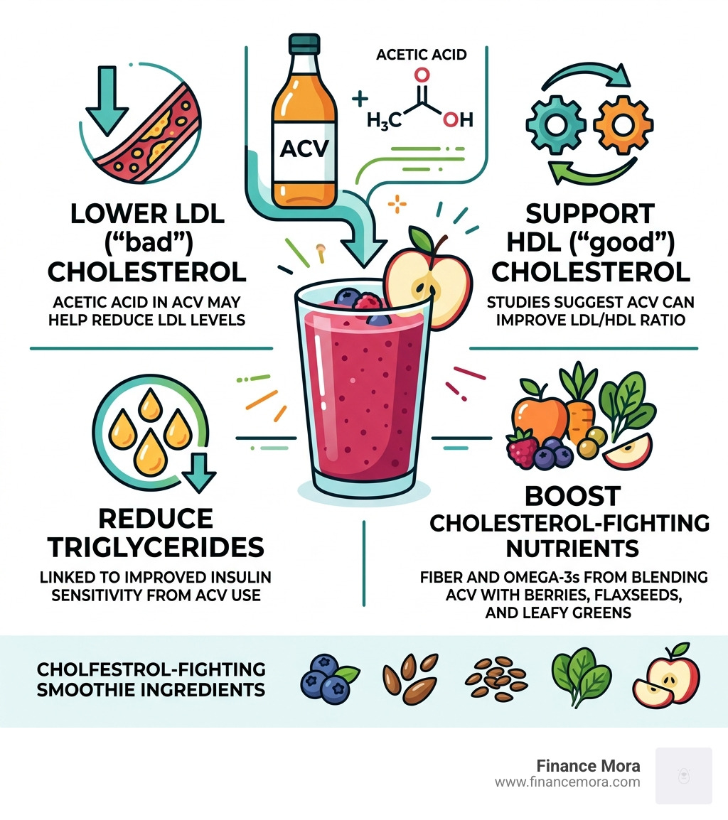 Infographic showing ACV-cholesterol connection: acetic acid, LDL reduction, HDL support, triglycerides, and smoothie Infographic showing ACV-cholesterol connection: acetic acid, LDL reduction, HDL support, triglycerides, and smoothie
