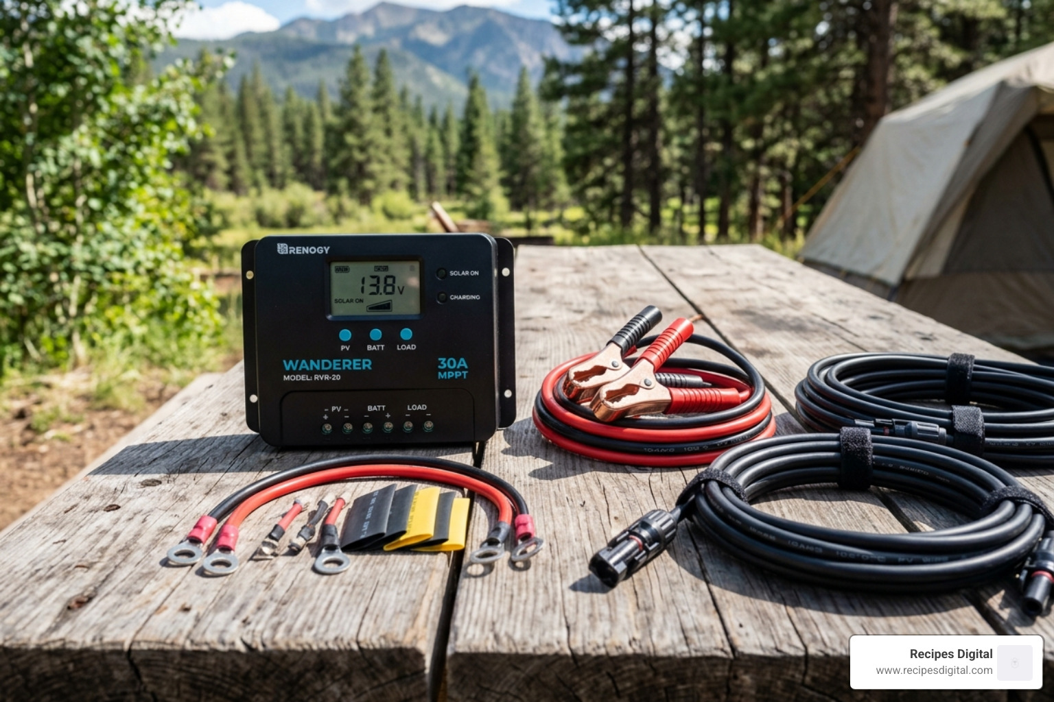 Essential solar accessories: charge controller, alligator clips, O-ring terminals, and heavy-duty extension cables - solar