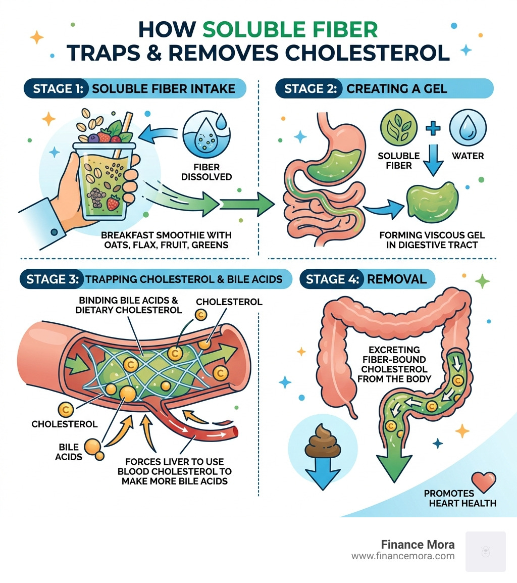 Infographic showing how soluble fiber traps and removes cholesterol in the digestive tract - breakfast smoothie reduce Infographic showing how soluble fiber traps and removes cholesterol in the digestive tract - breakfast smoothie reduce