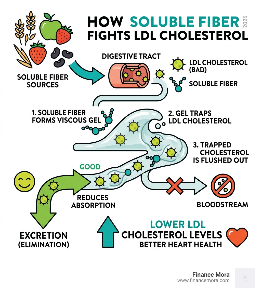 Infographic showing how soluble fiber traps LDL cholesterol in the digestive tract and reduces absorption - best smoothies