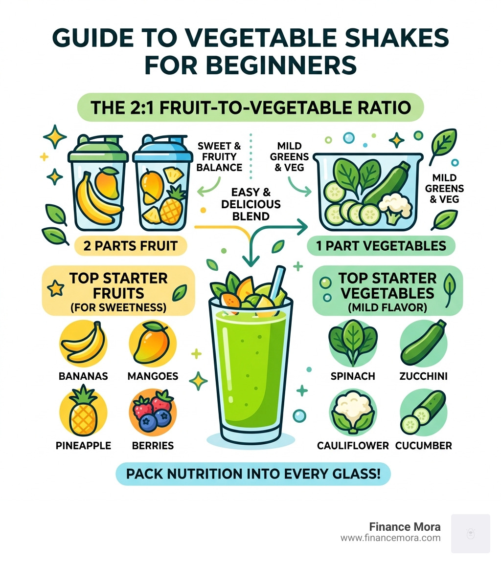2:1 fruit-to-vegetable ratio for beginners infographic with top starter vegetables and fruits - best vegetable shakes