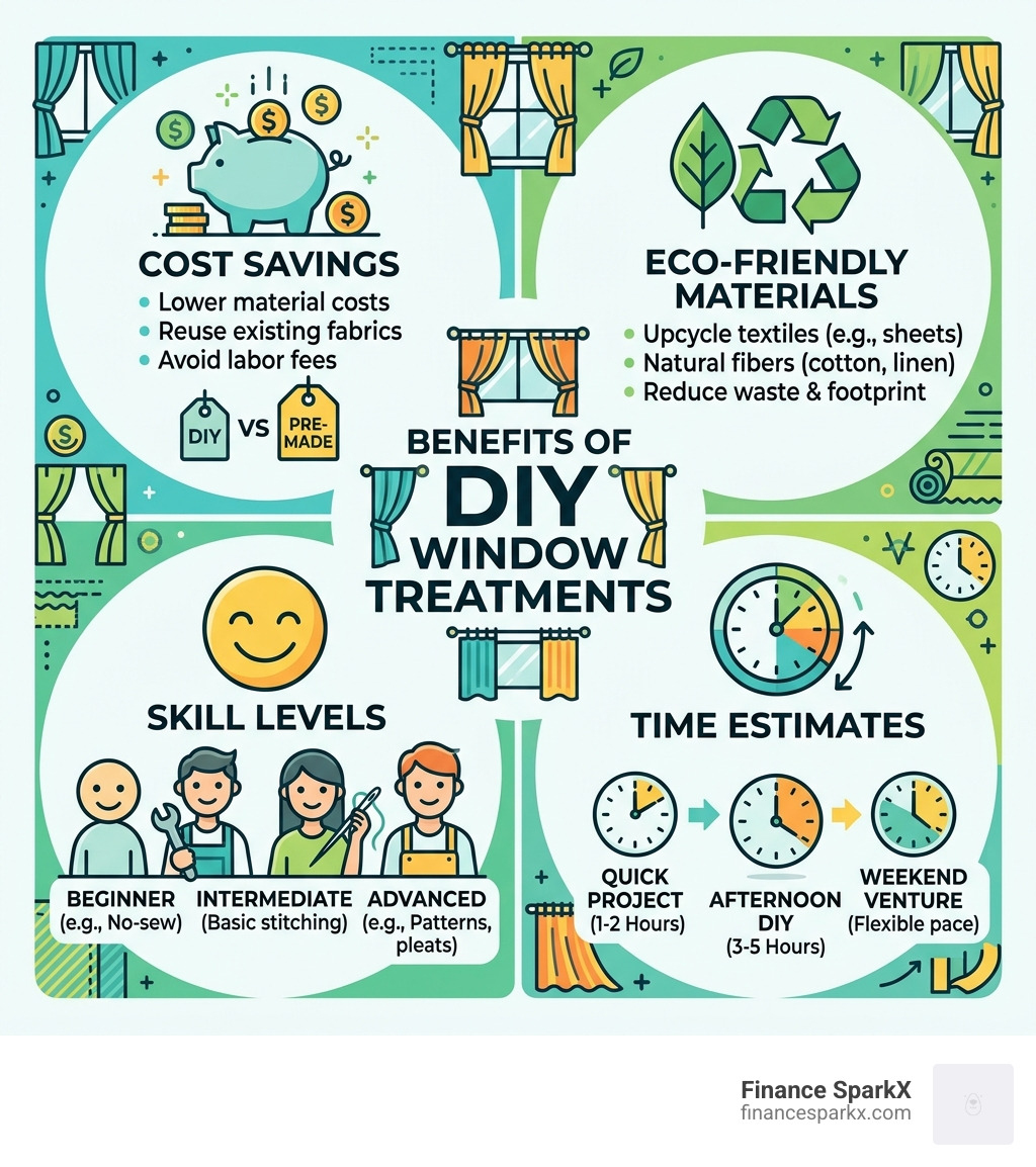 Benefits of DIY window treatments infographic showing cost savings, eco-friendly materials, skill levels, and time estimates