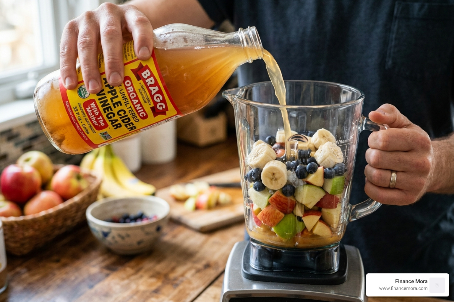 Pouring apple cider vinegar into a blender with fruit - apple cider vinegar smoothies cholesterol Pouring apple cider vinegar into a blender with fruit - apple cider vinegar smoothies cholesterol