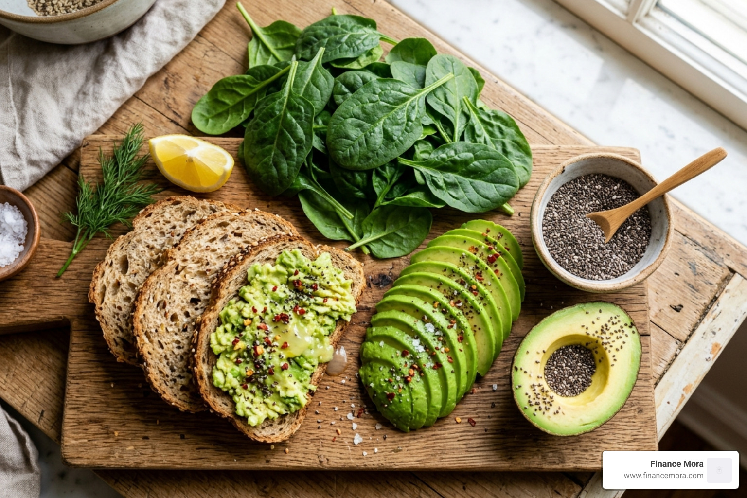 Heart-healthy superfoods like chia seeds, avocado, and spinach arranged on a wooden board - best smoothies for lowering