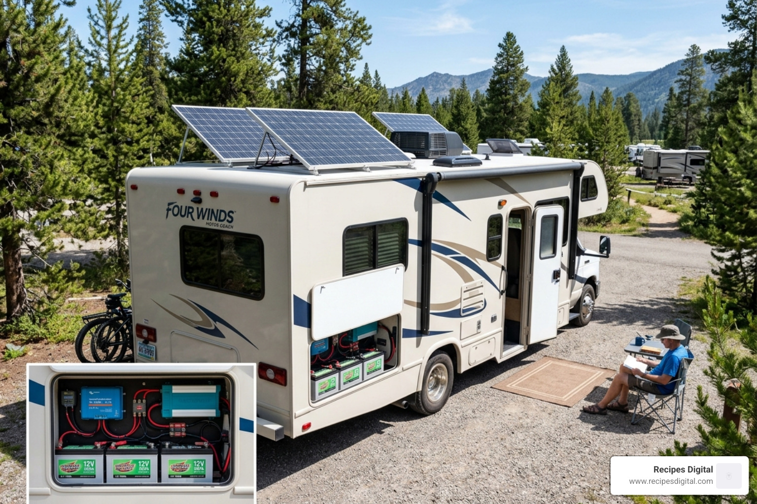 An RV solar charging setup with panels mounted on the roof to maintain deep-cycle batteries during off-grid travel - solar
