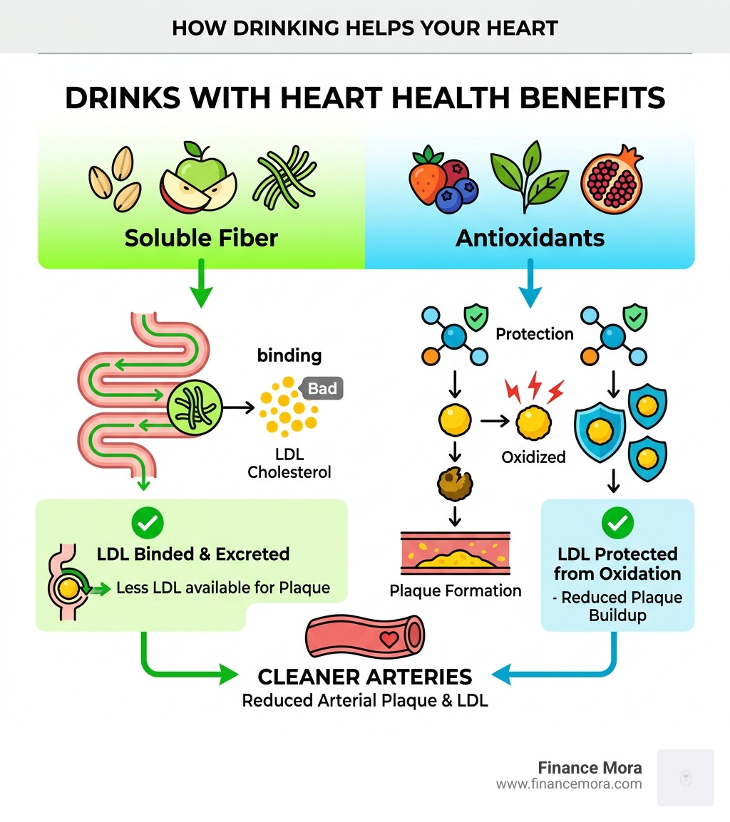 Infographic showing how soluble fiber and antioxidants in drinks reduce arterial plaque and LDL cholesterol - best low Infographic showing how soluble fiber and antioxidants in drinks reduce arterial plaque and LDL cholesterol - best low