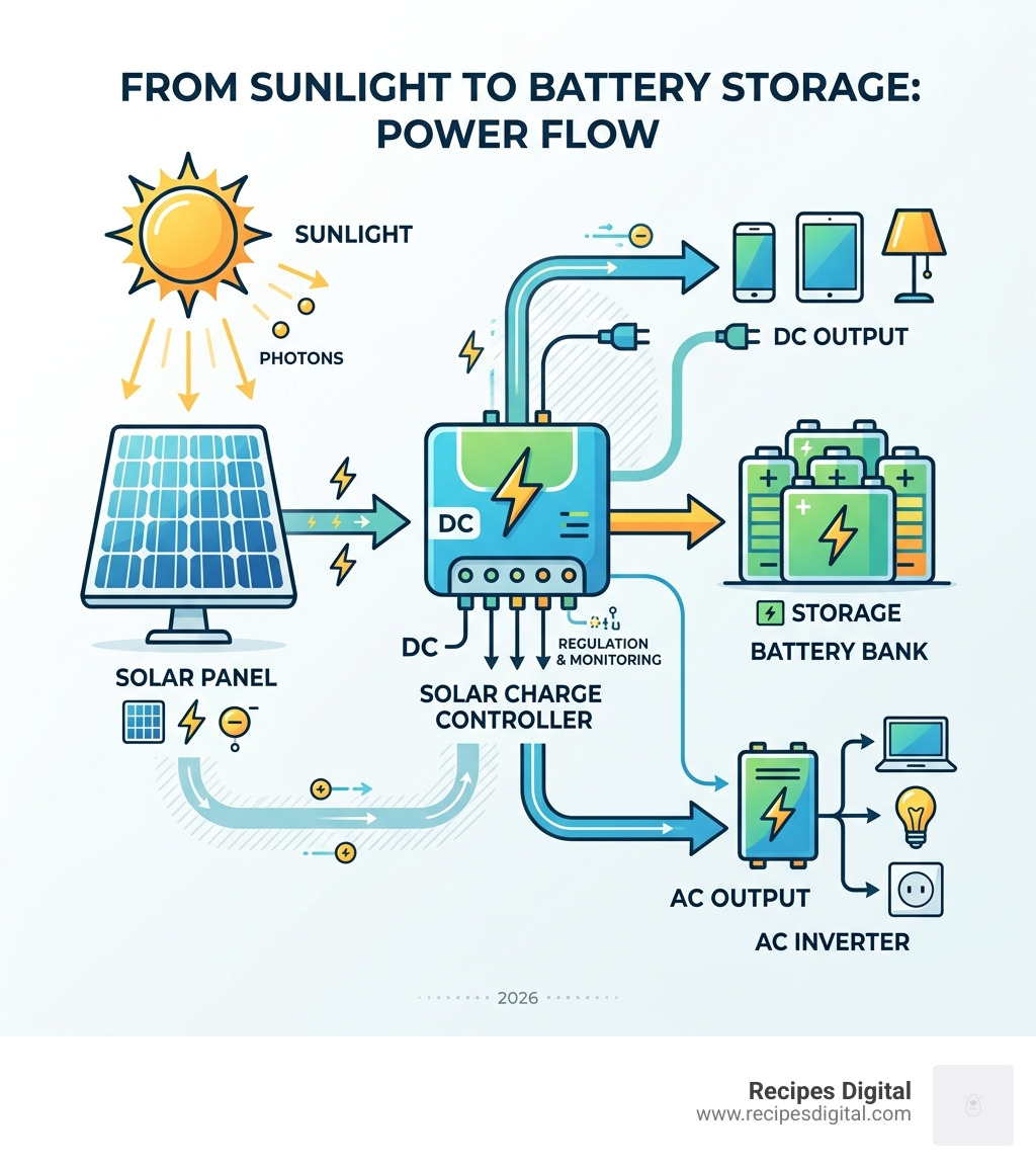 How solar energy converts from sunlight to battery storage — key components and power flow - solar battery charger