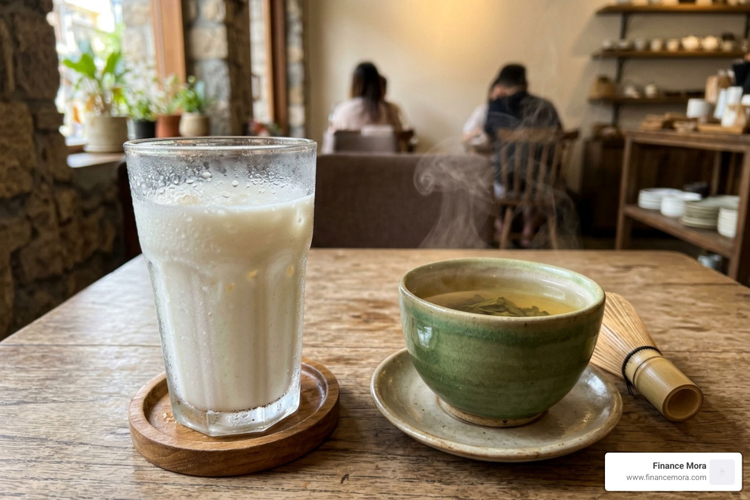 A glass of chilled oat milk and a cup of steaming green tea - best low cholesterol drinks A glass of chilled oat milk and a cup of steaming green tea - best low cholesterol drinks