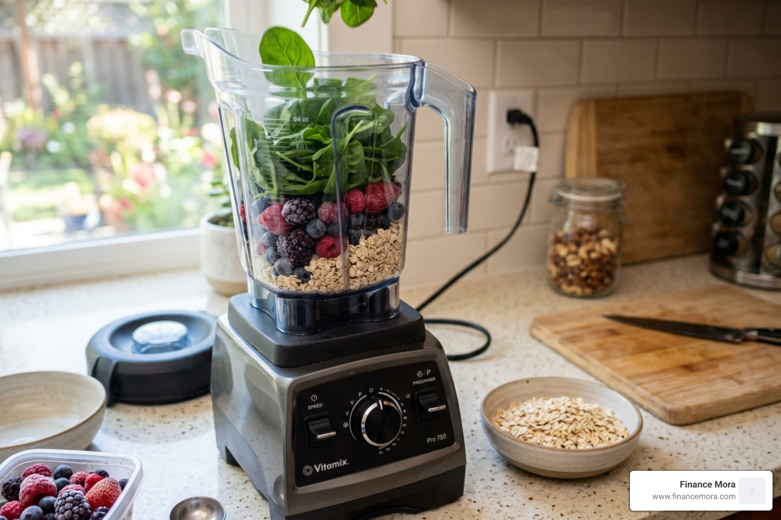 High-speed blender being filled with spinach, berries, and oats - eco budget smoothie for cholesterol High-speed blender being filled with spinach, berries, and oats - eco budget smoothie for cholesterol