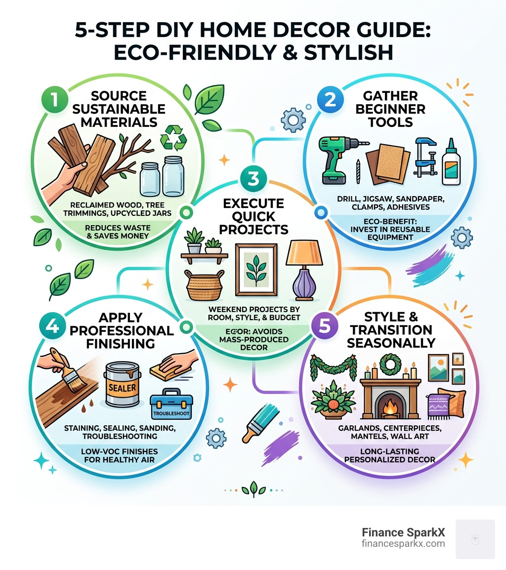 5-step DIY home decor guide: sourcing, tools, projects, finishing, styling with eco benefits - diy home decor infographic 