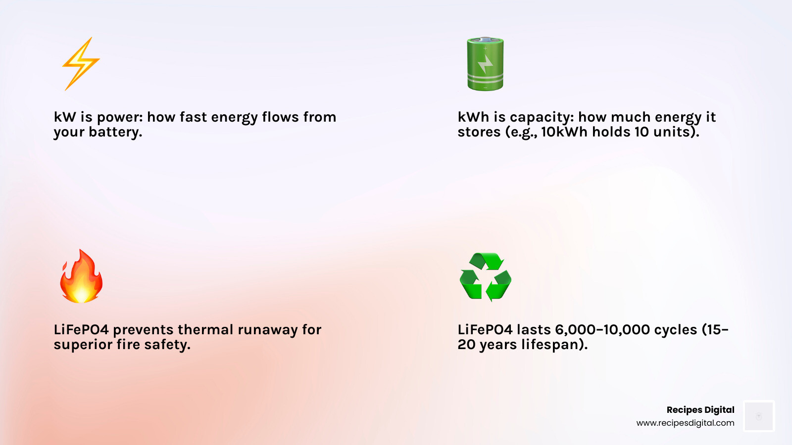 Infographic comparing kW power vs kWh capacity - 10kw battery storage price infographic 4_facts_emoji_light-gradient