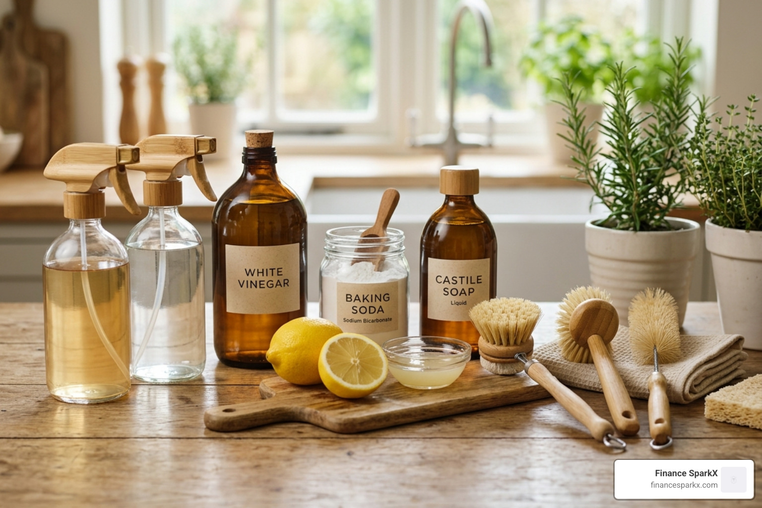 glass spray bottles, bamboo brushes, and natural cleaning staples arranged neatly - Eco-friendly cleaning tips