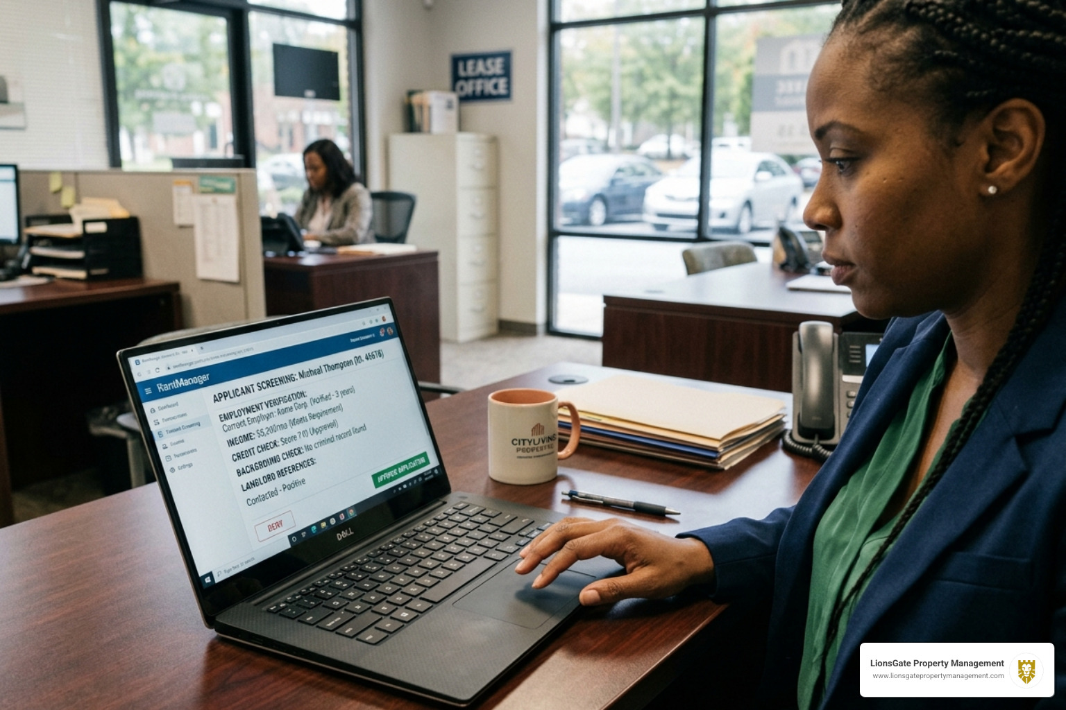 Property manager screening a tenant application on a laptop - guaranteed rent insurance Property manager screening a tenant application on a laptop - guaranteed rent insurance