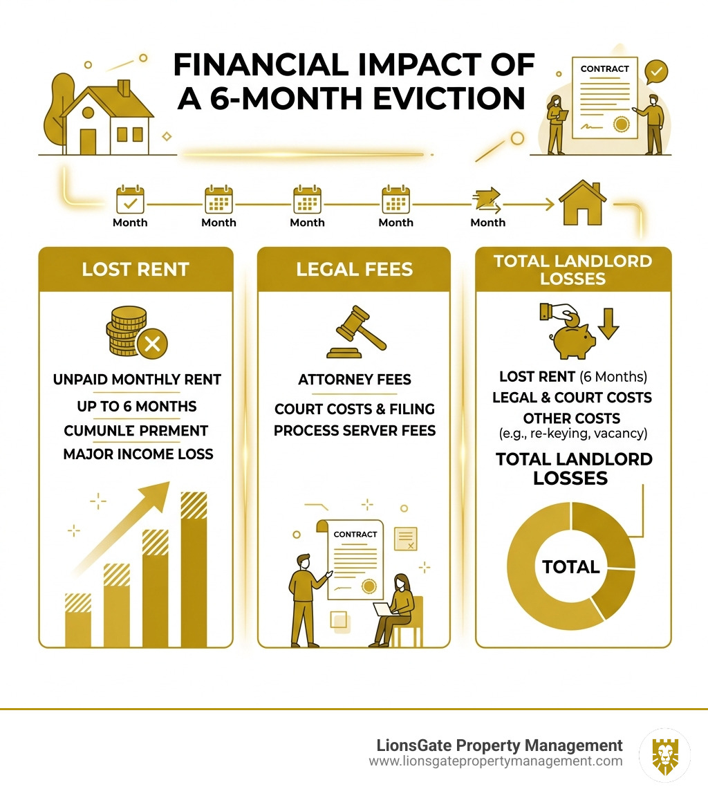 Infographic showing financial impact of a 6-month eviction: lost rent, legal fees, and total landlord losses - guaranteed Infographic showing financial impact of a 6-month eviction: lost rent, legal fees, and total landlord losses - guaranteed