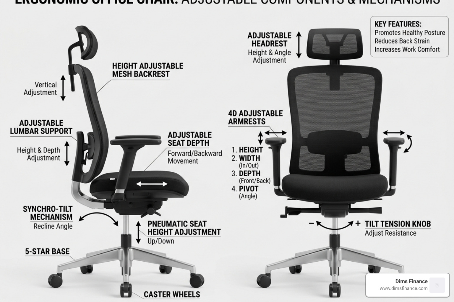 Diagram showing adjustable ergonomic chair components like lumbar support, seat depth, and armrests - ergonomic chair
