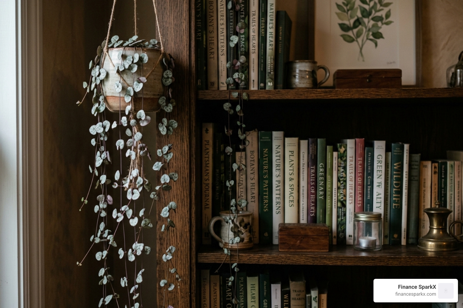 Trailing String of Hearts hanging from a bookshelf in a dim room - succulents low light Trailing String of Hearts hanging from a bookshelf in a dim room - succulents low light