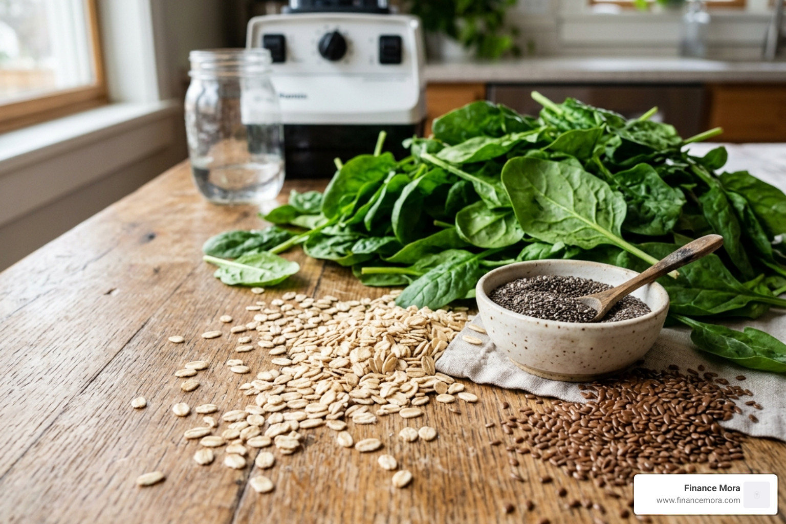 Raw ingredients including rolled oats, chia seeds, and fresh spinach - breakfast smoothie for high cholesterol Raw ingredients including rolled oats, chia seeds, and fresh spinach - breakfast smoothie for high cholesterol