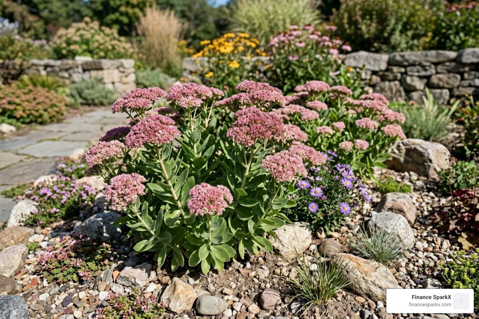 Autumn Joy sedum thriving in a sunny rock garden border - autumn joy sedum care Autumn Joy sedum thriving in a sunny rock garden border - autumn joy sedum care