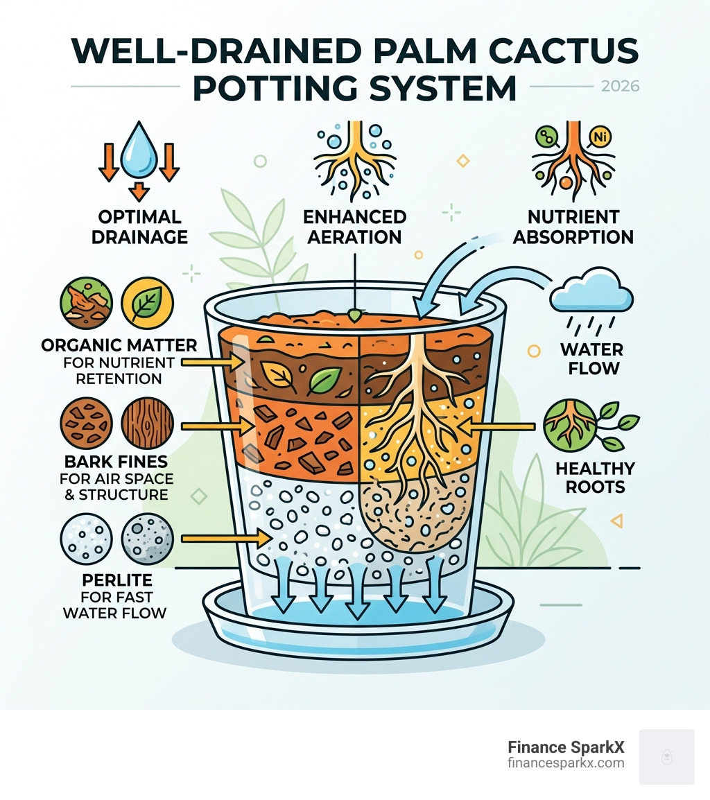 Infographic showing layers of a well-drained palm cactus potting system with perlite, bark fines, and organic matter - palm