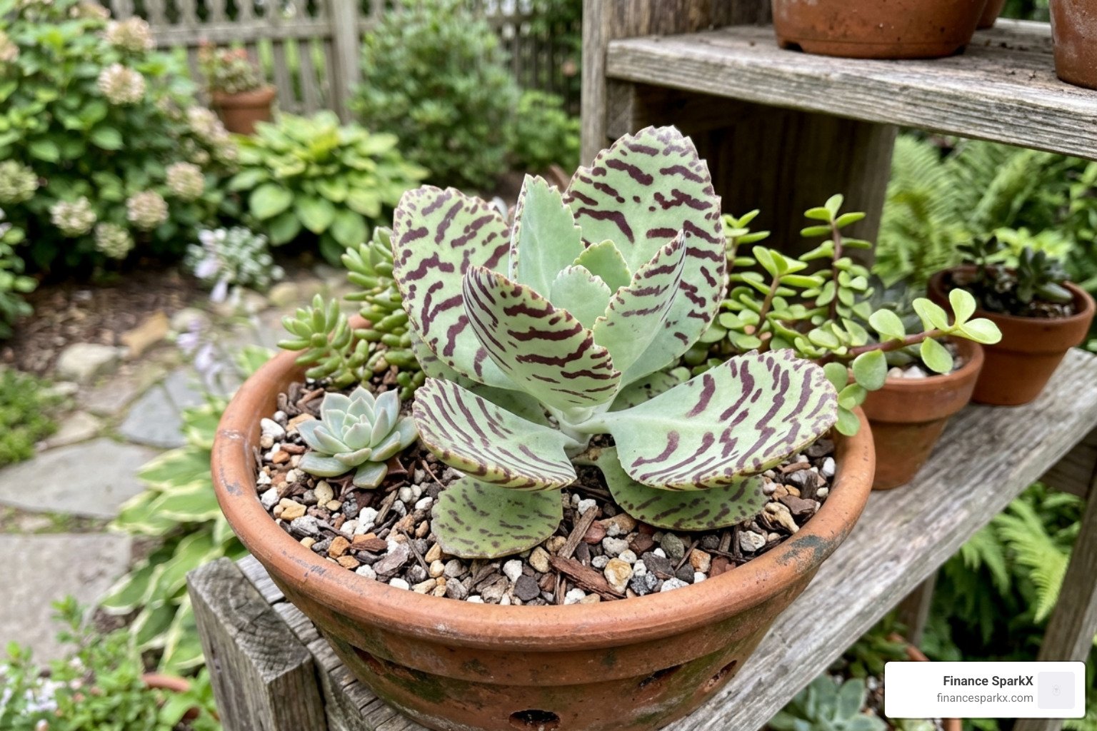 Kalanchoe humilis showing off its unique maroon-spotted leaves in a container garden - shade loving succulents Kalanchoe humilis showing off its unique maroon-spotted leaves in a container garden - shade loving succulents