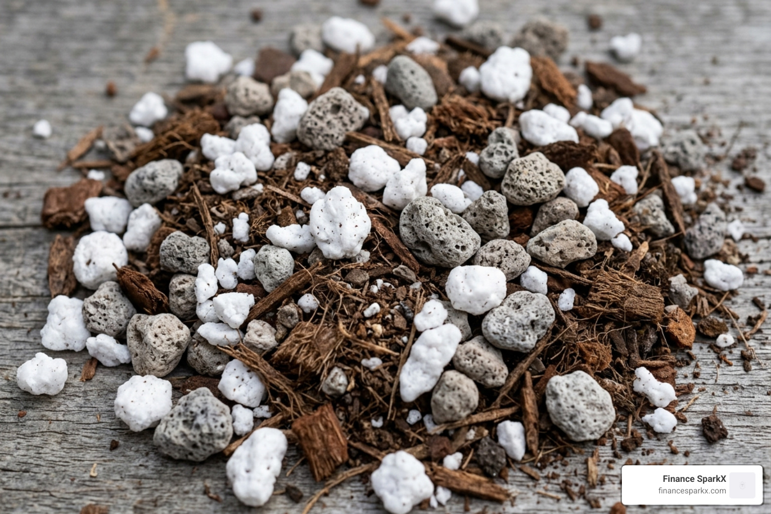 Close up of raw soil components including white perlite, grey pumice, and brown bark fines - palm cactus mix