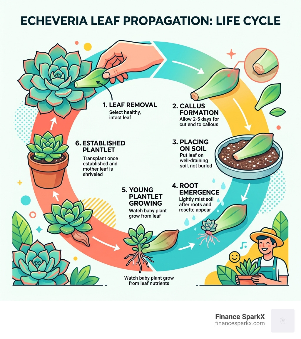 Echeveria leaf propagation lifecycle infographic showing stages from leaf removal to plantlet - echeveria leaf propagation