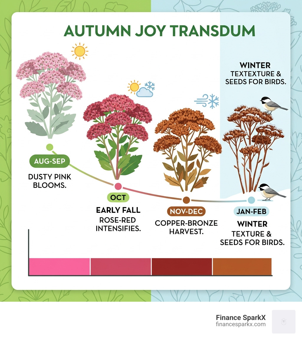 Autumn Joy sedum color transition from pink to copper-bronze through the seasons infographic - autumn joy sedum care Autumn Joy sedum color transition from pink to copper-bronze through the seasons infographic - autumn joy sedum care